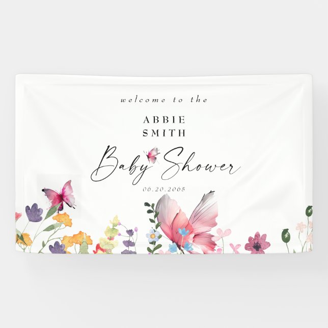 Delicate Butterflies Wildflowers White Baby Shower Banner (Horizontal)