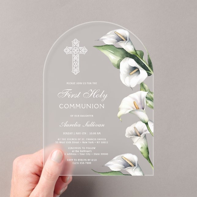 Delicate Calla Lilies Arch First Communion Acrylic Invitations (Insitu (Handheld))