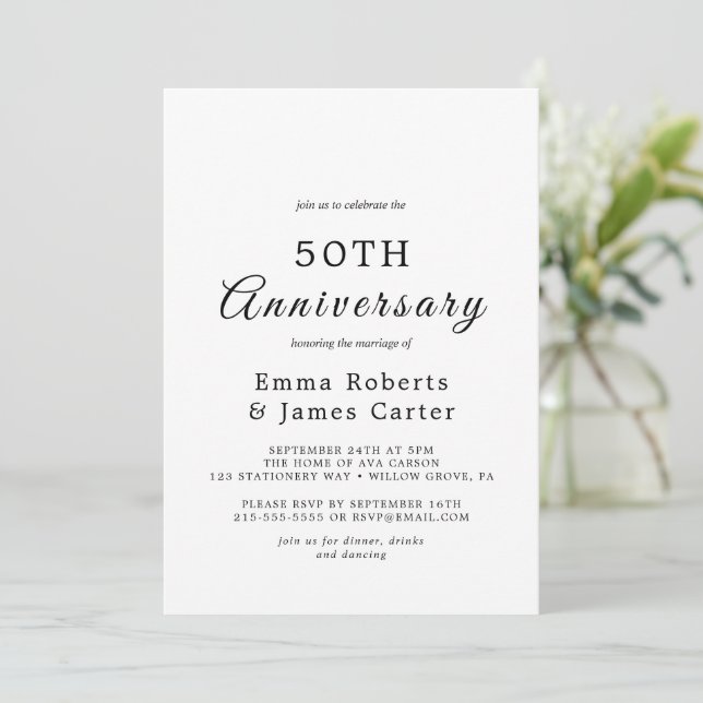 Delicate Calligraphy 50th Wedding Anniversary  Invitation (Standing Front)