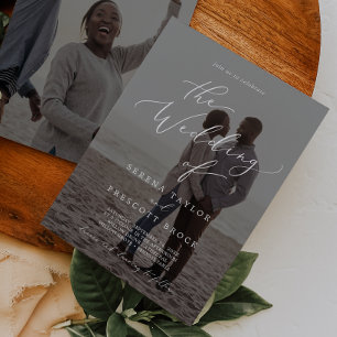 Delicate Calligraphy Dark Photo Overlay Wedding Invitation