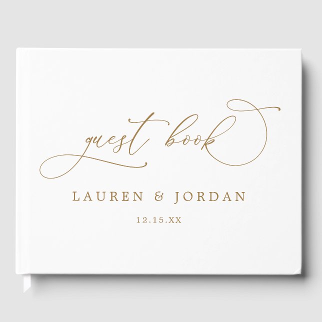 Delicate Calligraphy Gold Photo Monogram Wedding Guest Book (Front)