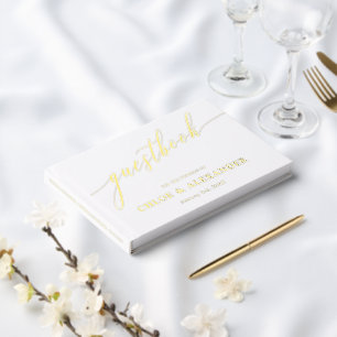 Delicate Calligraphy Gold & White Wedding Guest Book