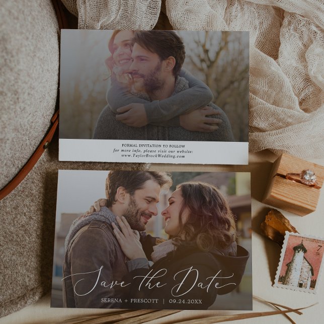 Delicate Calligraphy Horizontal Dark Photo Overlay Save The Date (Creator Uploaded)