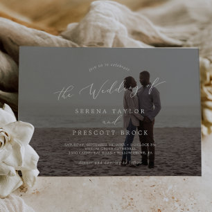 Delicate Calligraphy Horizontal Dark Photo Wedding Invitation