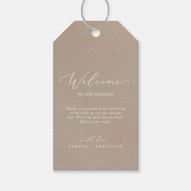 Delicate Calligraphy | Kraft Wedding Welcome Gift Tags (Front)