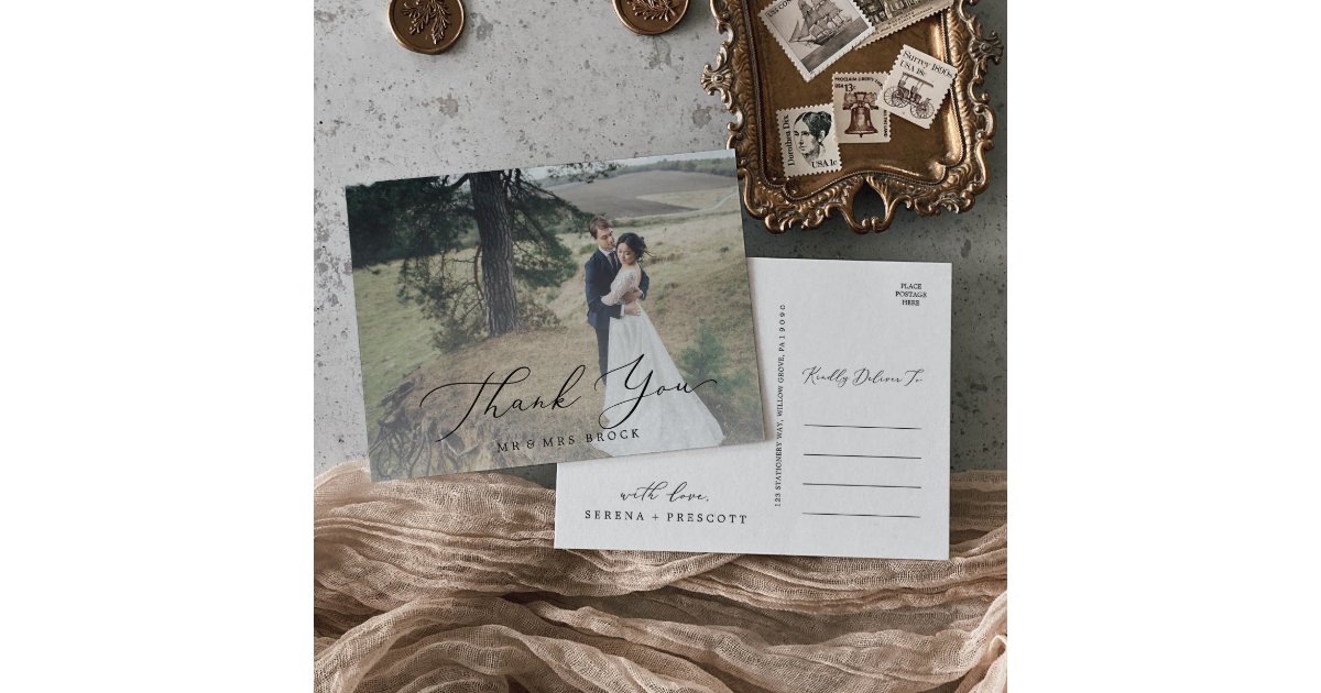 Delicate Calligraphy Light Photo Overlay Thank You Postcard | Zazzle