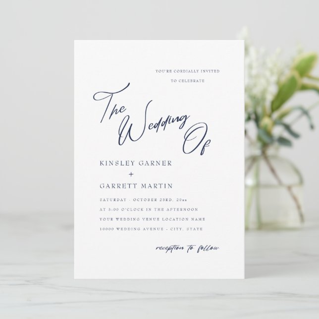 Delicate Calligraphy Navy Blue Wedding Invitation (Standing Front)