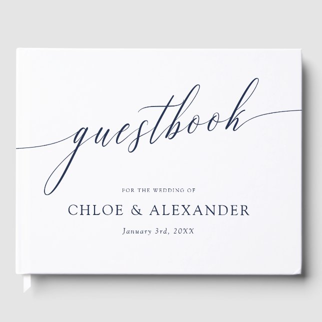 Delicate Calligraphy Navy Blue White Wedding Guest Book (Front)