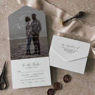 Delicate Calligraphy Photo Overlay Wedding All In One Invitation