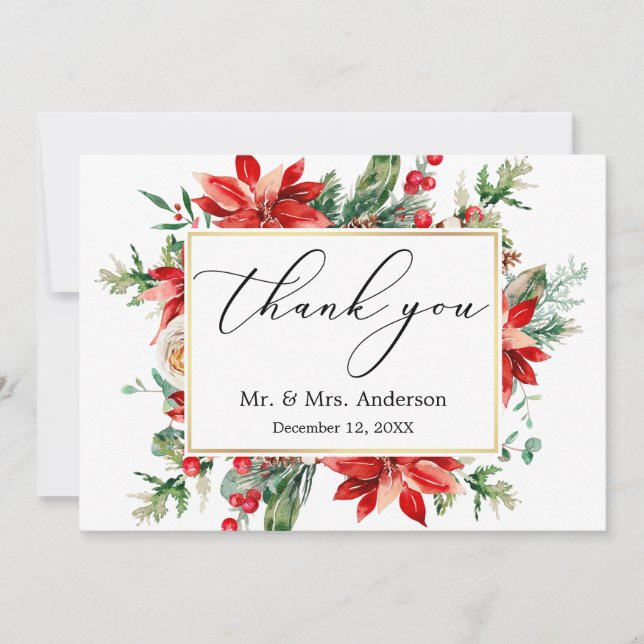 Delicate Calligraphy Poinsettia Greenery Wedding Thank You Card (Front)