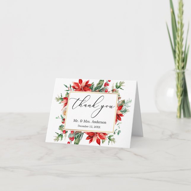 Delicate Calligraphy Poinsettia Wedding Note Thank You Card (Front)