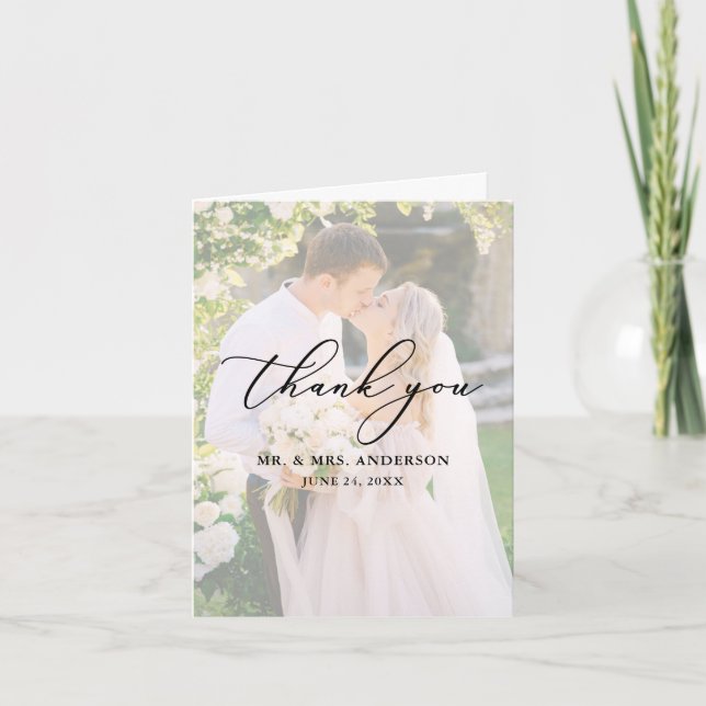 Delicate Calligraphy Wedding 2 Photo Overlay Note Thank You Card (Front)
