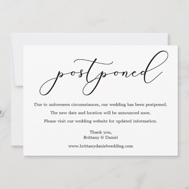 Delicate Calligraphy Wedding Postponed Card (Front)