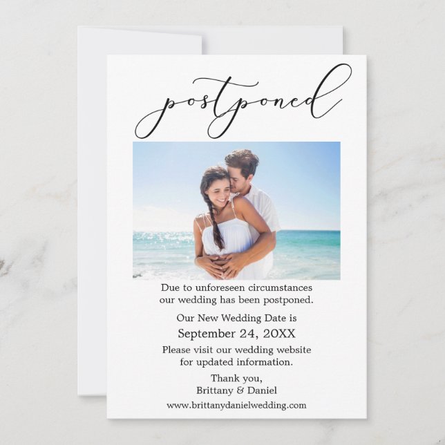 Delicate Calligraphy Wedding Postponed Photo Card (Front)