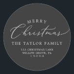 Delicate Charcoal Christmas Return Address Classic Round Sticker<br><div class="desc">These delicate charcoal Christmas return address envelope stickers are perfect for a modern holiday card or invitation envelope. The romantic minimalist design features lovely and elegant typography on a dark grey background with a clean and simple look.</div>