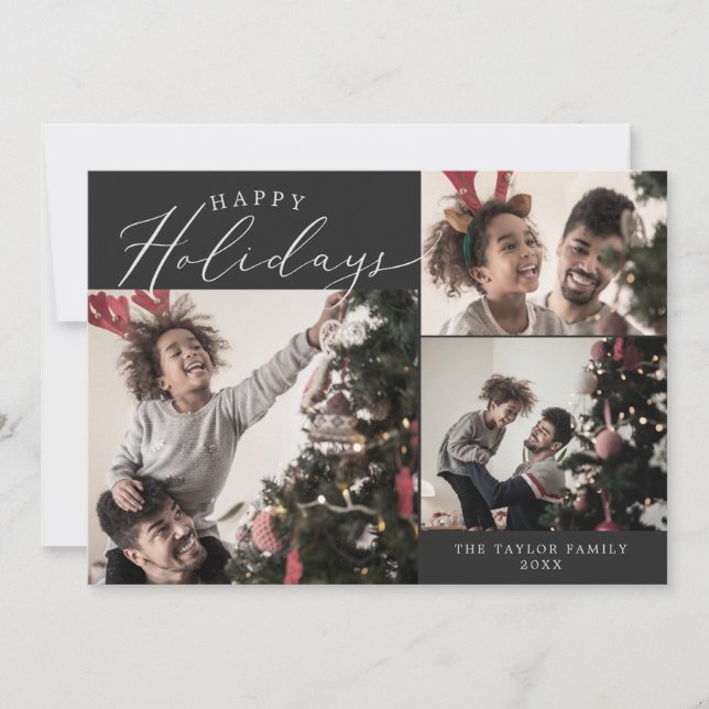 Delicate Charcoal Happy Holidays Photo Newsletter Holiday Card (Front)