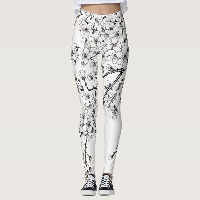 Delicate Cherry Blossom Art in Monochrome Leggings (Front)
