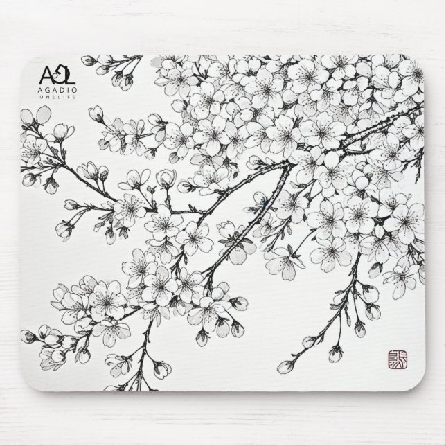 Delicate Cherry Blossom Art in Monochrome Mouse Mat (Front)