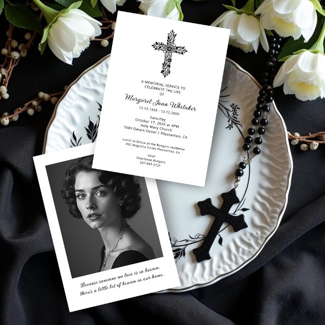 Delicate Christian Cross Minimal Photo Funeral Invitation (Sophisticated Delicate Christian Cross Minimal Black & White Funeral Invitation Cards with Photo.)