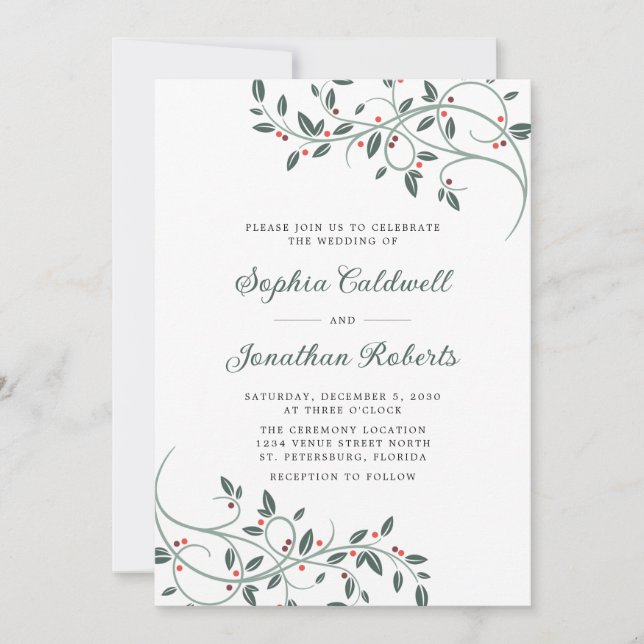 Delicate Christmas Botanicals QR Code Wedding Invitation (Front)