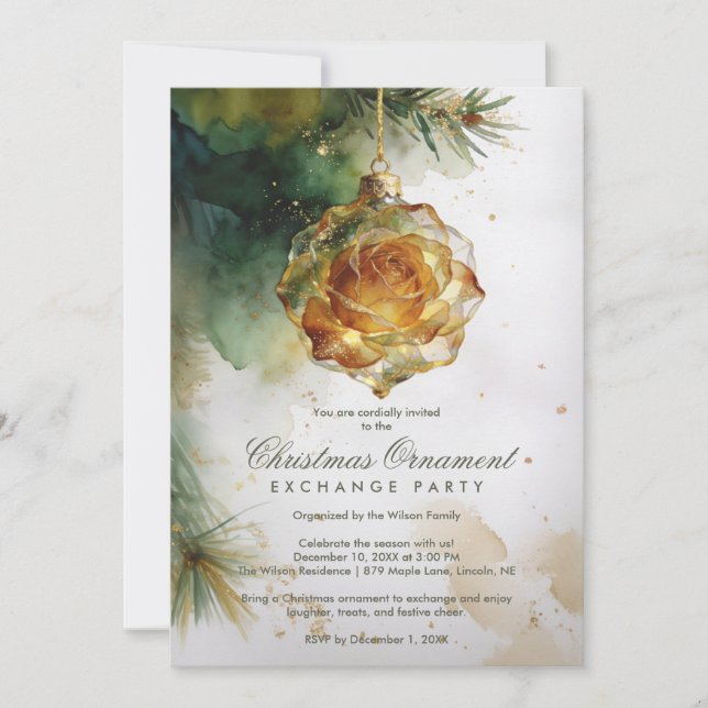 Delicate Christmas Ornament Shaped Like a Rose Invitation (Front)