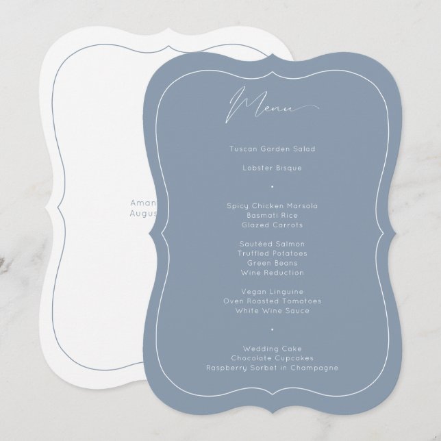 Delicate Classic Dusty Blue Calligraphy Wedding Menu (Front/Back)
