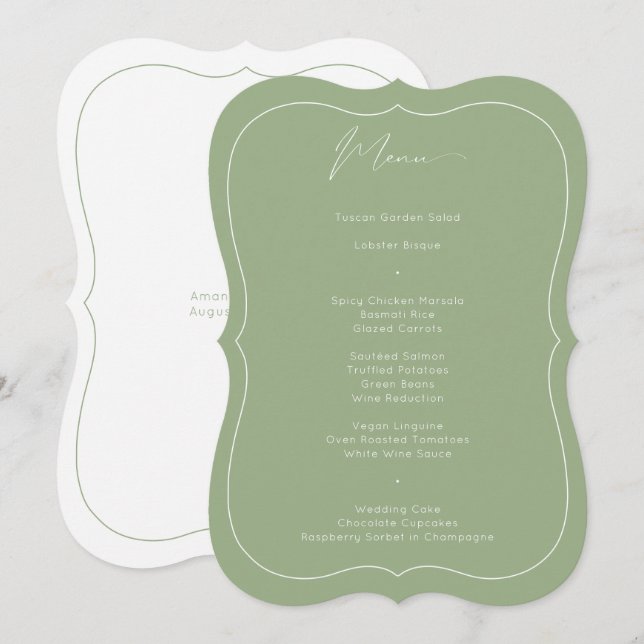 Delicate Classic Sage Green Calligraphy Wedding Menu (Front/Back)