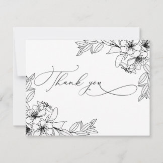 Delicate coligraphy Black&White flowers Thank You Card