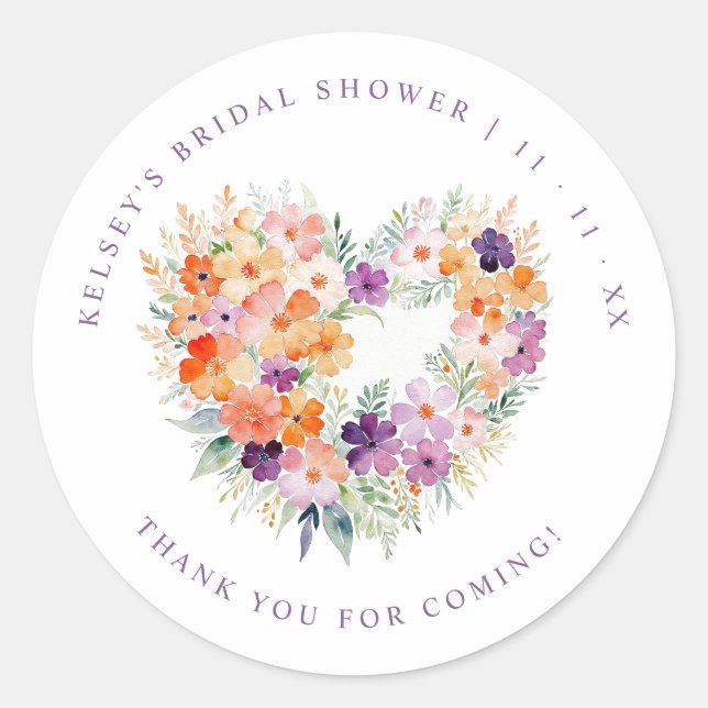 Delicate Colorful Wildflowers Heart Bridal Shower Classic Round Sticker (Front)
