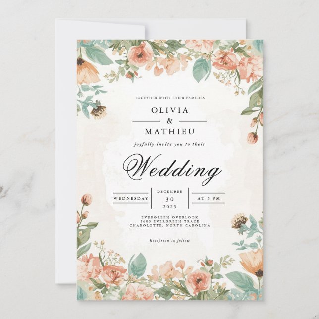 Delicate Coral Blossom Botanical Wedding Invitation (Front)