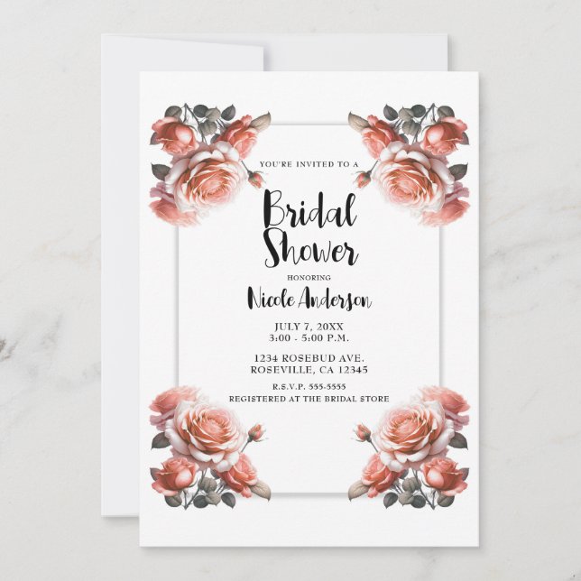 Delicate Coral Peach Roses Bridal Shower  Invitation (Front)