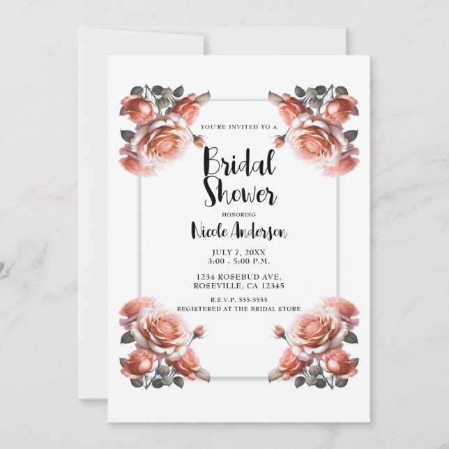 Delicate Coral Peach Roses Bridal Shower  Invitation (Front)