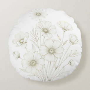 Delicate Cosmos Bouquet Line Art Grace Round Cushion