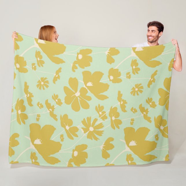 Delicate cosmos flowers gold beige green warm dorm fleece blanket (In Situ)