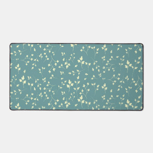 Delicate Cream Leaves Dusty Teal Botanical Pattern Desk Mat