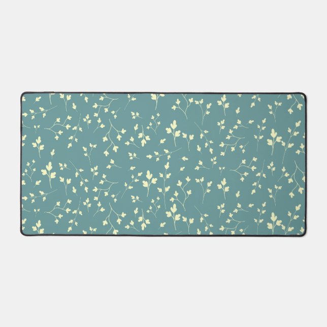 Delicate Cream Leaves Dusty Teal Botanical Pattern Desk Mat (Front)