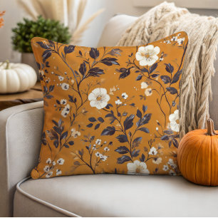 Delicate Cream on Orange Fall Floral  Cushion