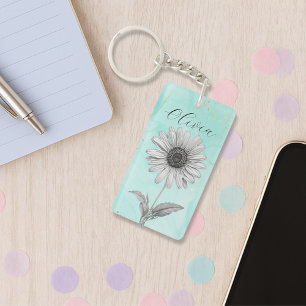 Delicate Custom Mint Blue Daisy Flower Key Ring