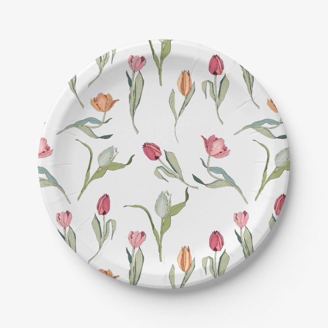 Delicate Cute Flowers Tulips Paper Plate (Front)