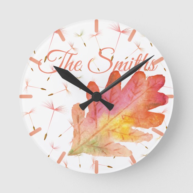 Delicate Dandelions & Autumn Leaf Round Clock (Front)