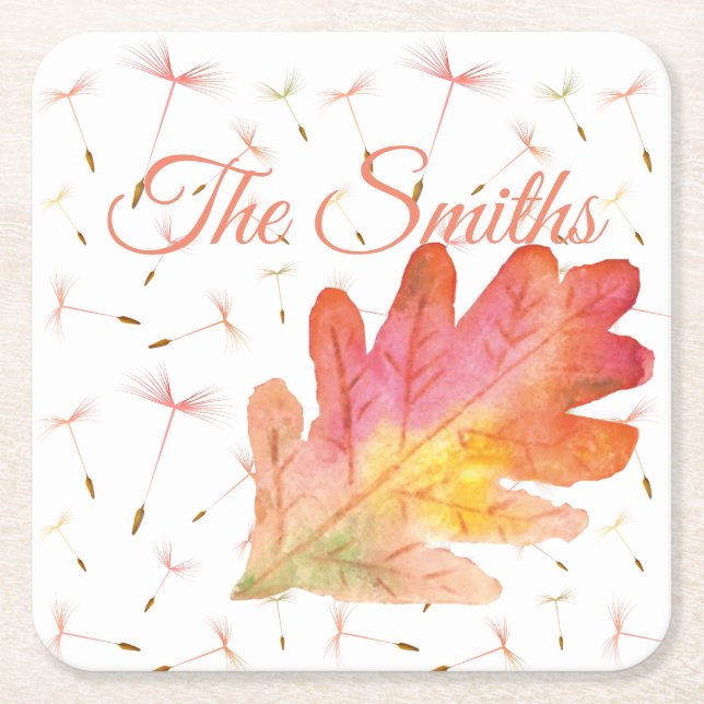 Delicate Dandelions & Autumn Leaf Square Paper Coaster (Front)