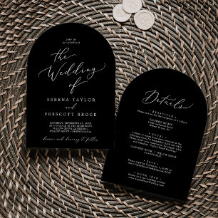 Delicate Dark Black All In One Modern Arch Wedding Invitation