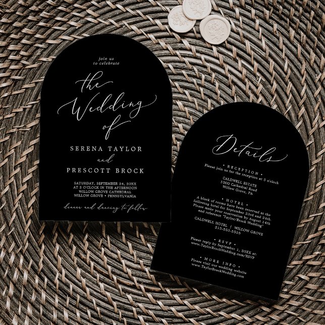 Delicate Dark Black All In One Modern Arch Wedding Invitation (Delicate Dark Black All In One Modern Arch Wedding Invitation)