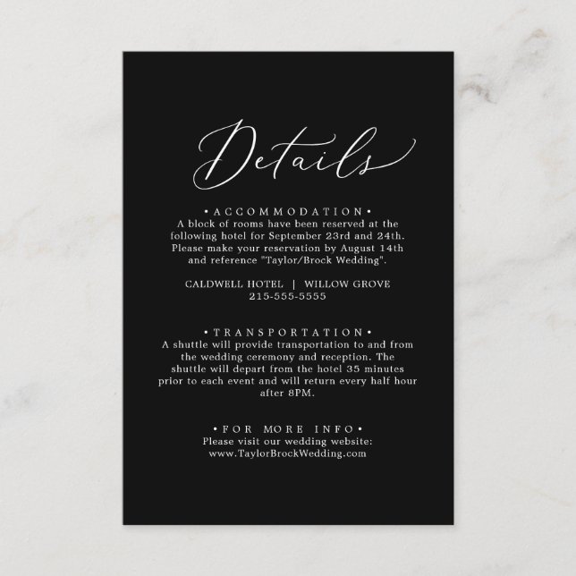 Delicate Dark Black Calligraphy Details Enclosure Card (Front)