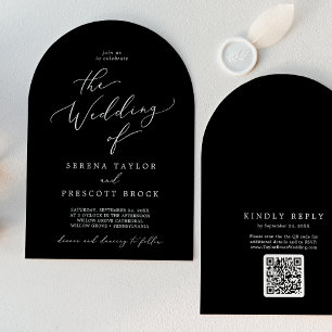 Delicate Dark Black QR Code Boho Arch Wedding Invitation