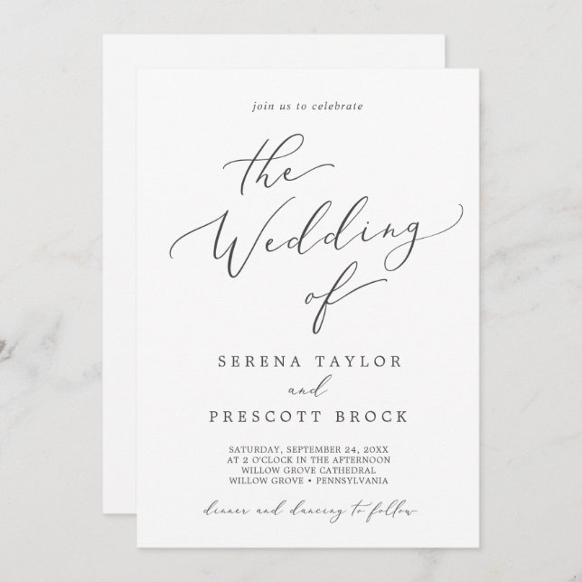 Delicate Dark Grey Calligraphy All In One Wedding Invitation (Front/Back)