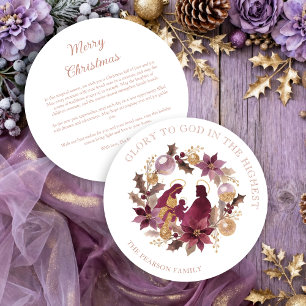 Delicate Deep Plum Glitter Holy Nativity Christmas Holiday Card