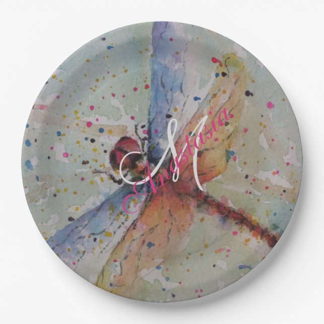DELICATE DRAGON FLY MONOGRAM PARTY PAPER PLATE (Front)