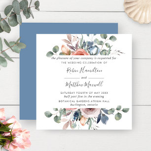 Delicate Dusty Blue and Peach Blush Floral Wedding Invitation