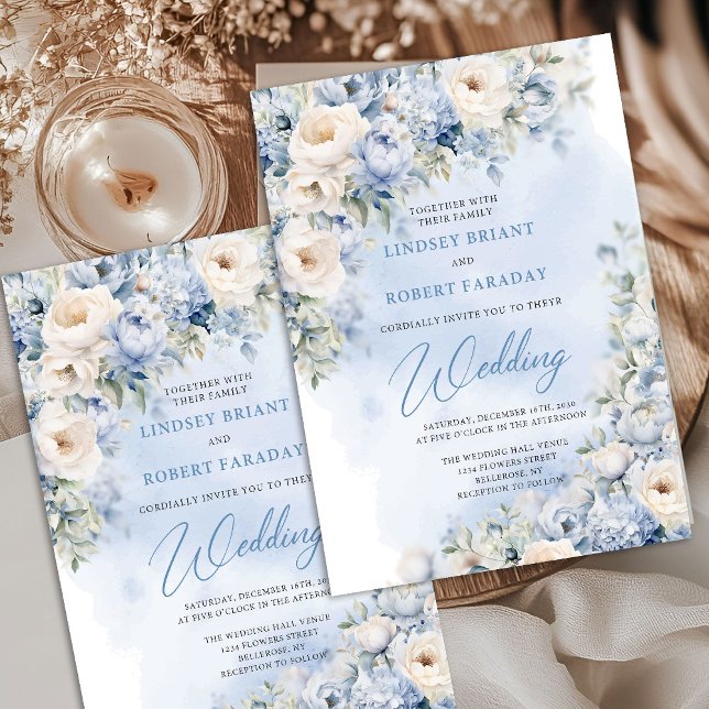 Delicate dusty blue and white flowers sage wedding invitation (Winter Watercolor blue and beige roses eucalyptus greenery wedding invitation digital)